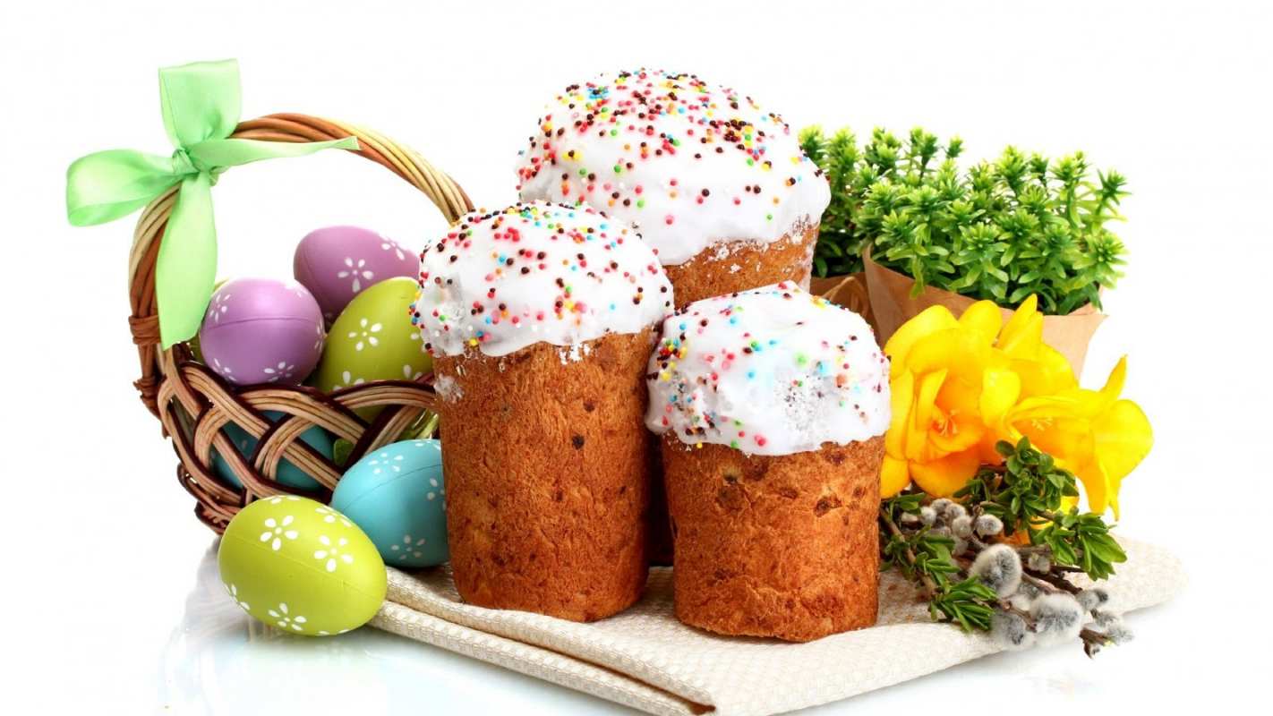 Открытка куличи цветы и яйца  пасха  Happy Easter 